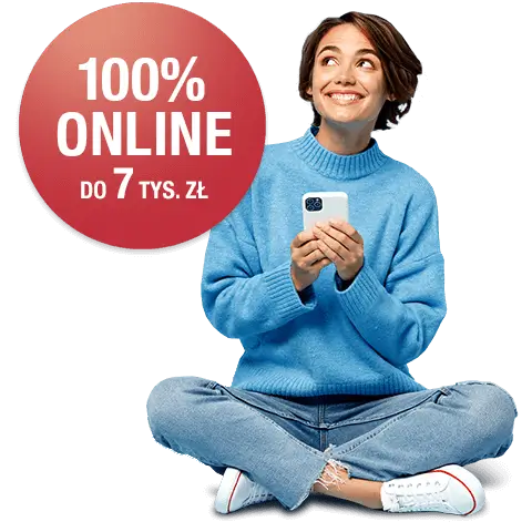 Uśmiechnięta kobieta w niebieskim swetrze trzymająca telefon z napisem 100% online do 7 tysięcy zł