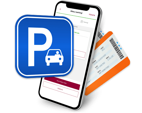 Znak parkingu, smartfon, bilety parkingowe